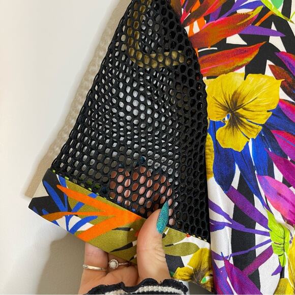 MILLY Multicolor Floral Mesh Detail Exposed Zipper Short Sleeve Dress Size 10 - Picture 2 of 7